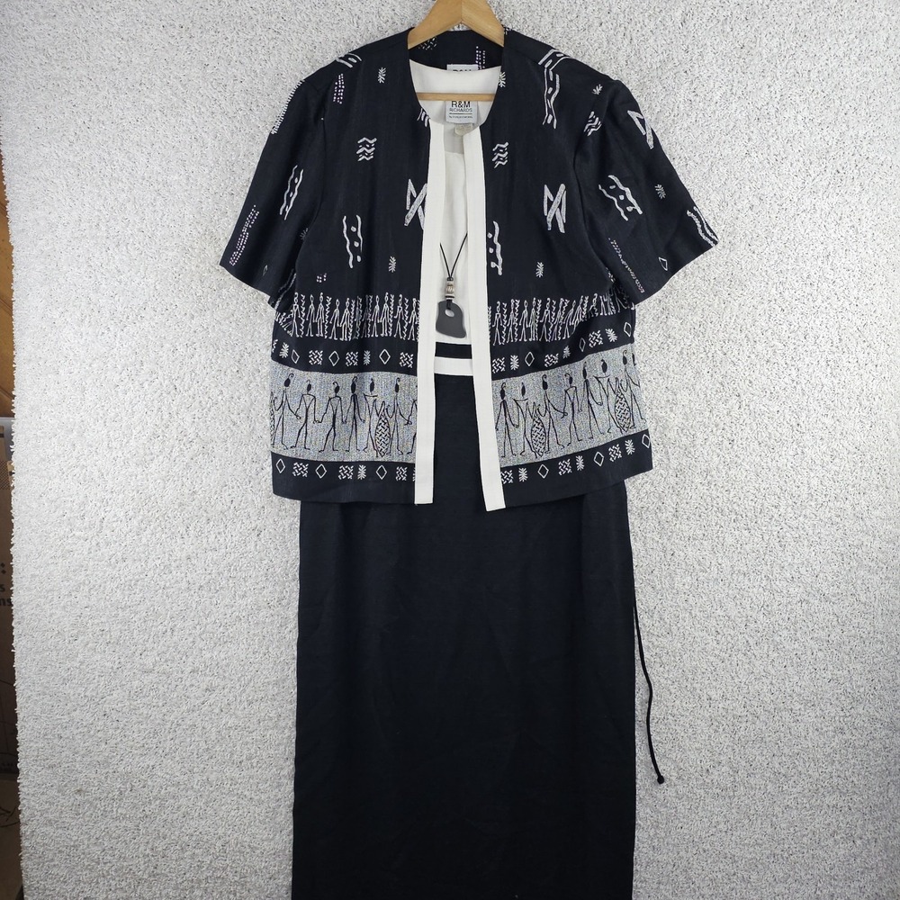 Vintage R&M Richards Karen Kwong  3pc Long Dress, Tribal Jacket, Necklace‎ Sz 16
